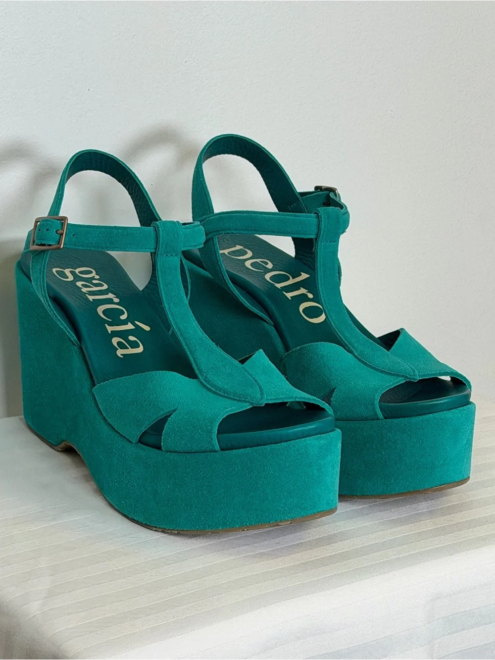 New! Pedro Garcia ‘Domiel’ Teal Suede Platform Wedge Sandal Womens Size 9.5/39.5